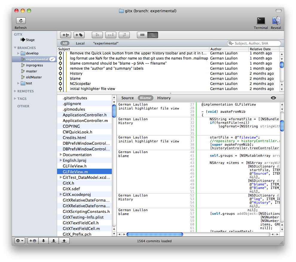 Screenshot of GitX blame view